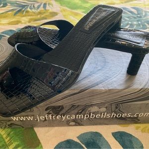 Barely worn Jeffrey Campbell slides in black patent snakeskin